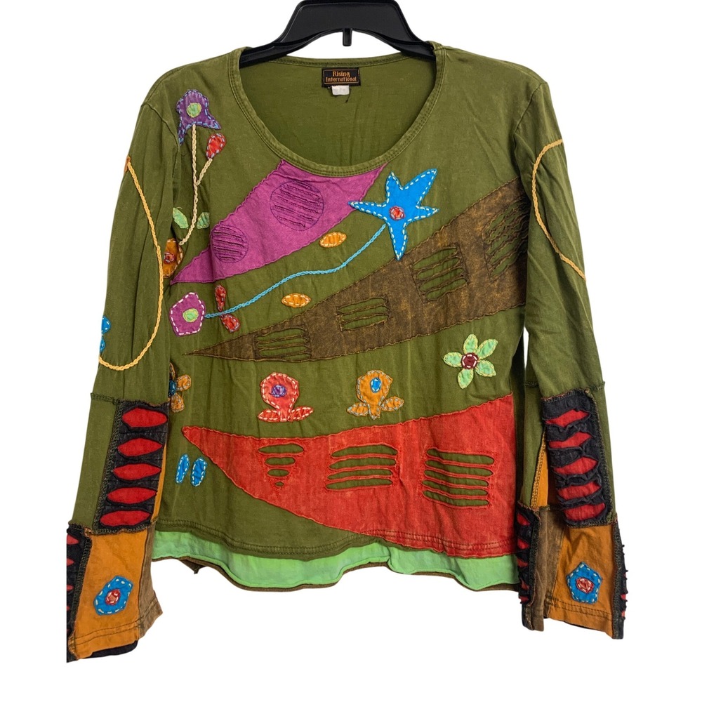Rising‎ International Boho Patchwork Embroidered Artsy Top Blouse Green  L
